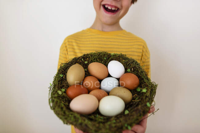 Portrait of a happy boy holding a nest with fresh eggs — Stock Photo