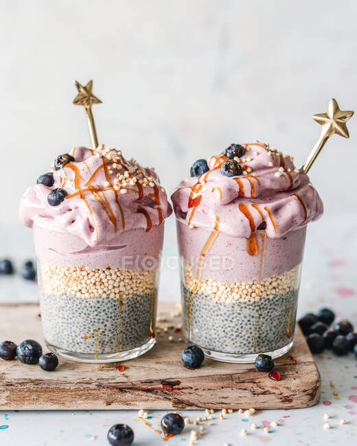 Two Banana ice cream and chia pudding breakfast cups — Stock Photo