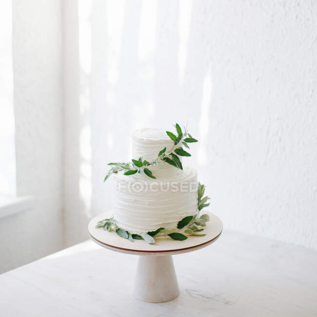Two tiered wedding cake with icing and olive branch decoration — Stock Photo