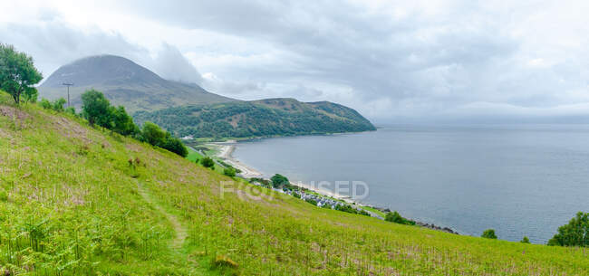 Aerial view of the Twelve Apostles, Catacol Bay, Isle of Arran, Scotland, United Kingdom — Stock Photo