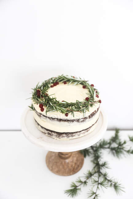 Orange almond layer cake decorated with rosemary and redcurrants on a cakestand — Stock Photo