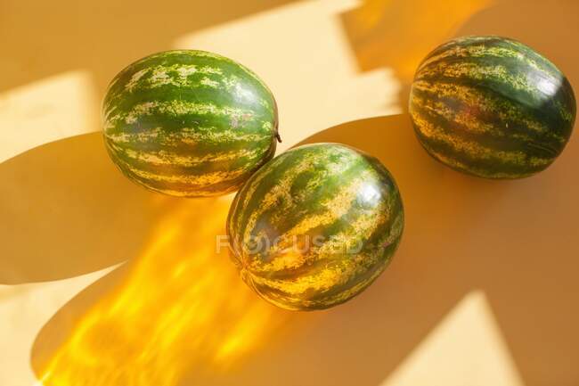 Overhead view of three watermelons on a table in sunlight — Stock Photo