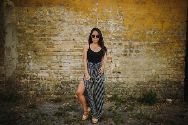 Elegante asiático joven mujer de pie en frente de viejo ladrillo pared - foto de stock