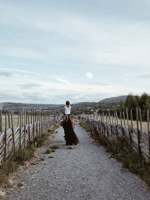 Vista trasera de una chica montando a caballo, Noruega - foto de stock