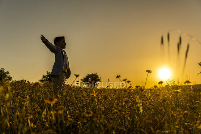 Menino de pé em um campo ao pôr-do-sol com os braços estendidos, Espanha — Fotografia de Stock