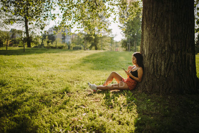 Donna seduta sotto un albero a guardare il suo cellulare, Serbia — Foto stock