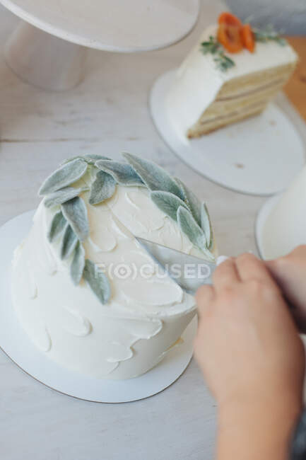 Woman cutting a carrot cake decorated with leaves — Stock Photo