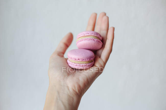 Woman's hand holding two macaroons — Stock Photo