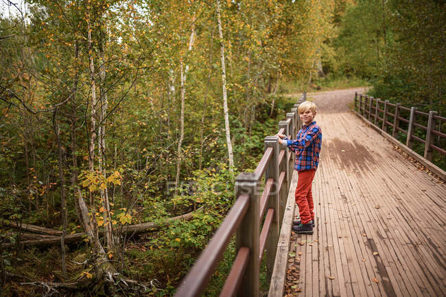 Улыбающийся мальчик, стоящий на мосту в лесу, США — стоковое фото