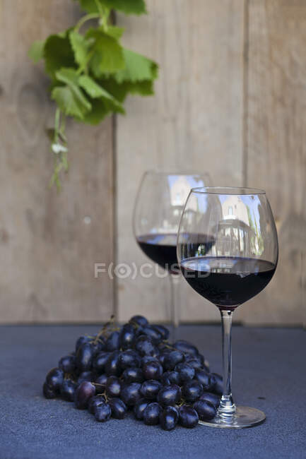 Due bicchieri di vino rosso accanto a un grappolo d'uva — Foto stock