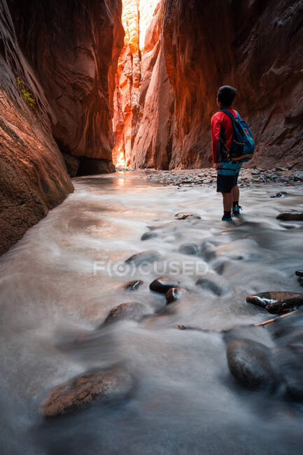 Caminhante em pé na água em Slot Canyon, The Narrows, Zion National Park, Utah, Estados Unidos — Fotografia de Stock