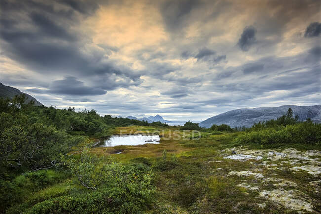 Lago alpino en un paisaje rural, Lofoten, Nordland, Noruega - foto de stock