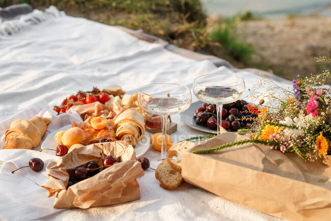 Comida de piquenique e copos de vinho em um cobertor — Fotografia de Stock