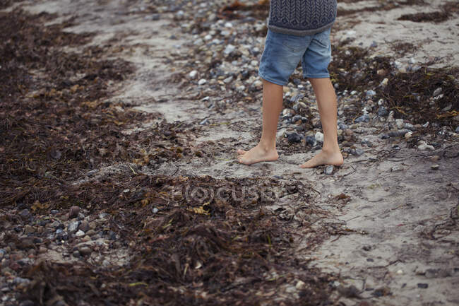 Крупный план мальчика, идущего босиком по пляжу, Дания — стоковое фото