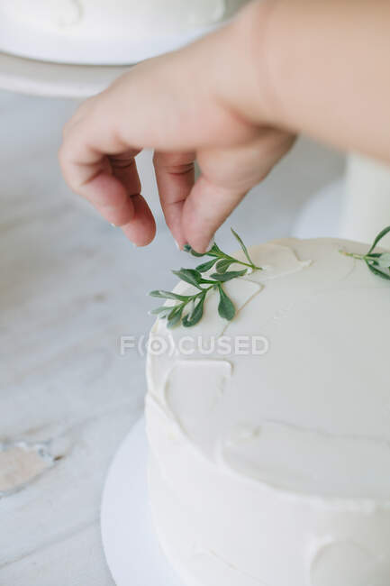Frau dekoriert Kuchen mit Blättern — Stockfoto
