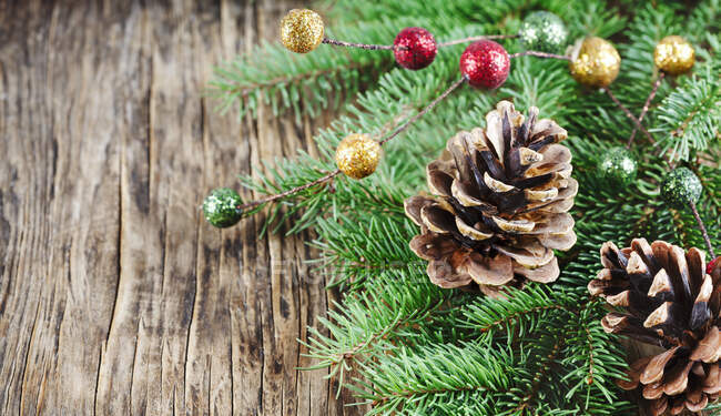 Рождественское украшение еловыми ветвями и сосновыми шишками — стоковое фото