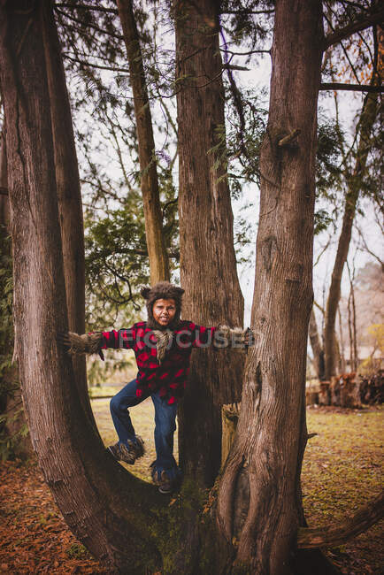 Niño vestido de hombre lobo para Halloween trepando a un árbol, Estados Unidos - foto de stock