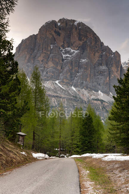 Estrada que leva às montanhas, Dolomites, Belluno, Veneto, Itália — Fotografia de Stock