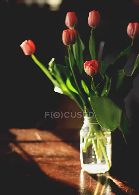 Vaso de tulipas em mesa de madeira à luz solar — Fotografia de Stock