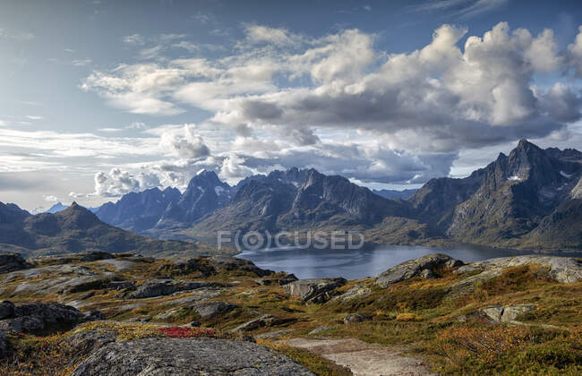 Paysage de Trollfjord et de montagne, Lofoten, Nordland, Norvège — Photo de stock