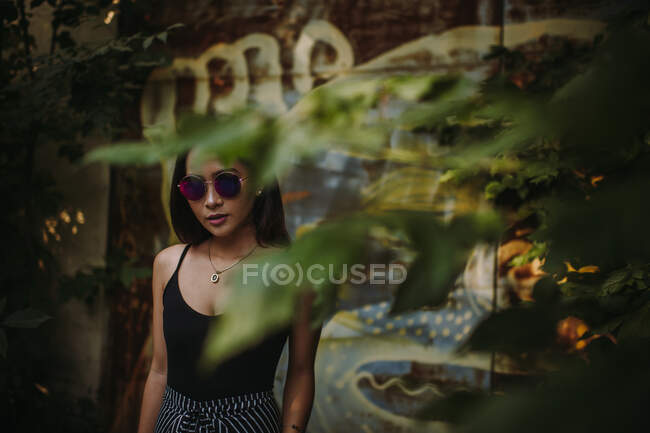 Asiatin mit Sonnenbrille durch Laub gesehen — Stockfoto