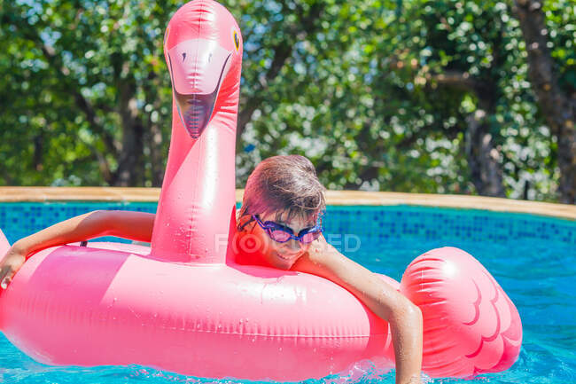 Chico Sonriente acostado en un flamenco inflable en una piscina, Bulgaria - foto de stock
