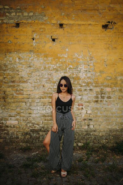 Elegante asiático jovem mulher de pé na frente de idade tijolo parede — Fotografia de Stock