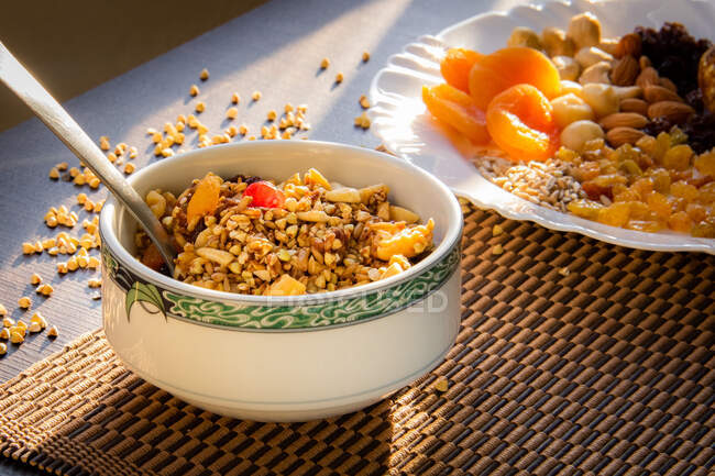 Гречневая гранола и тарелка семян подсолнечника, кешью, бразильскими орехами, миндалем, абрикосами и изюмом — стоковое фото