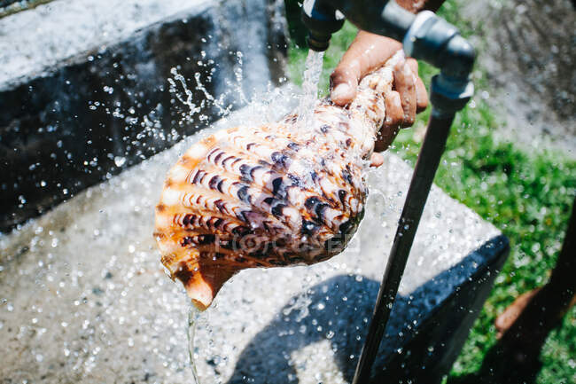 Uomo che risciacqua una conchiglia sotto un rubinetto esterno, Seychelles — Foto stock