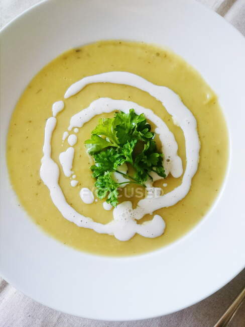 Чаша овощного супа со свежей петрушкой и сливками — стоковое фото