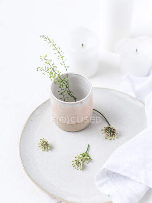 Piatto e tazza in ceramica con fiori di campo e candele — Foto stock