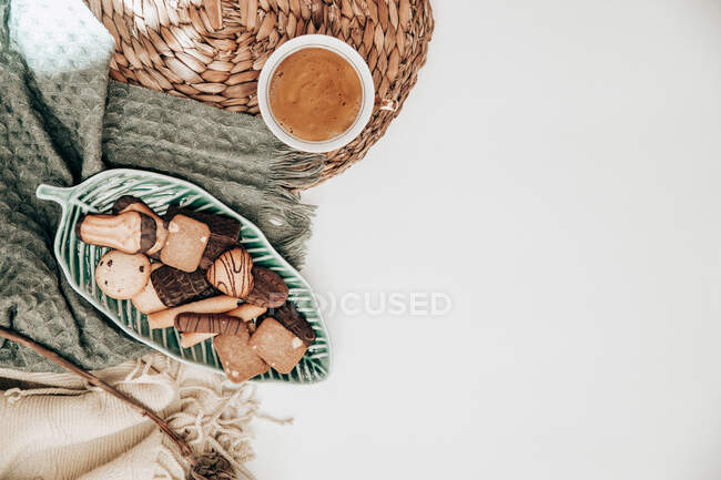 Tasse de café à côté d'une fleur de protéa séchée, biscuits et une couverture — Photo de stock