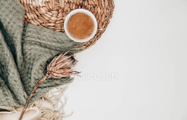 Protea-Blüte und eine Tasse Kaffee — Stockfoto