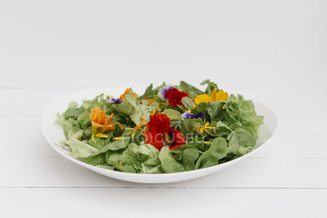 Piatto di insalata verde con fiori commestibili — Foto stock