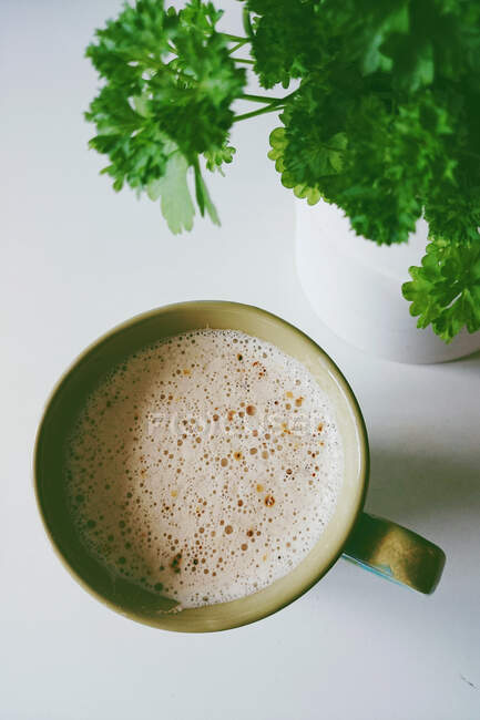 Cup of cappuccino on white background next to a pot of parsley — Stock Photo