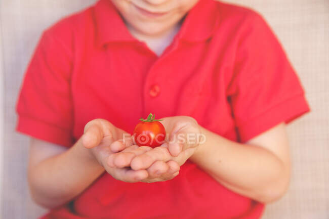 Хлопчик з помідором. — стокове фото