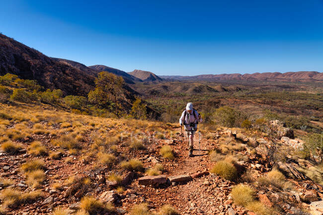 Woman Hiking on the Larapinta Trail, West MacDonnell National Park, Northern Territory, Australia — Stock Photo