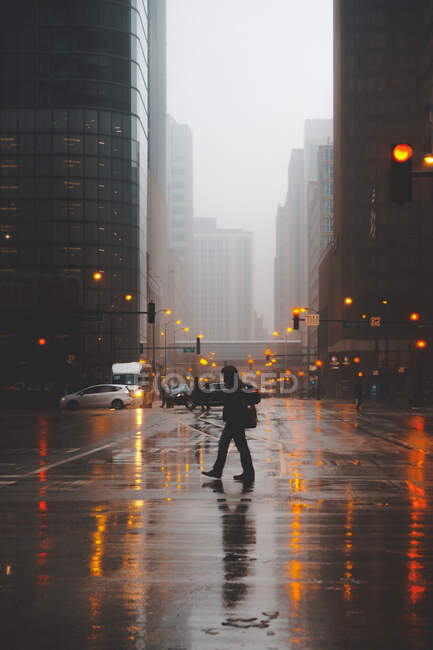 Silueta de un hombre cruzando la calle en una noche de niebla, Chicago, Illinois, Estados Unidos - foto de stock