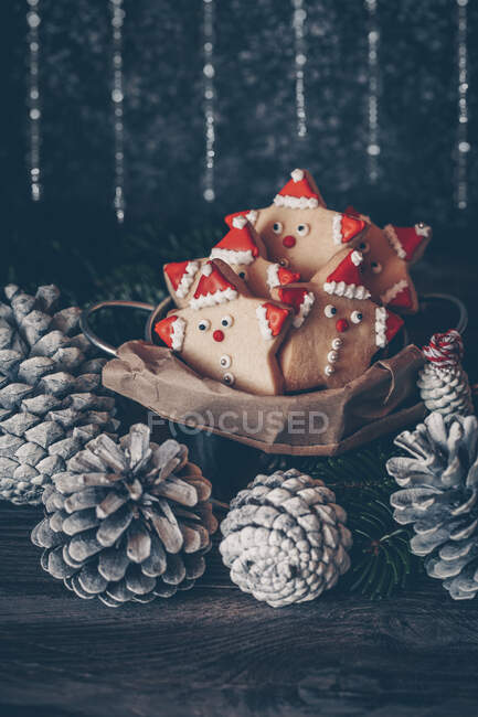 Bucket of Santa cookies surrounded by Christmas pine cones — Stock Photo