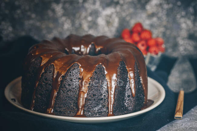 Вкусный торт, покрытый расплавленным шоколадом, избирательный фокус — стоковое фото