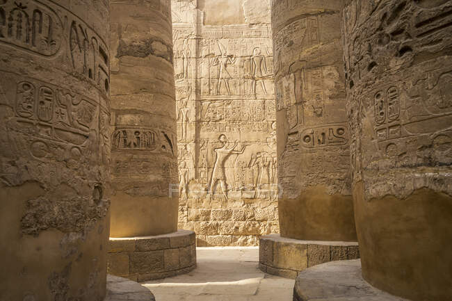 Primo piano di sculture murali, Sala Grande Ipostilio, Tempio di Karnak, Karnak, Luxor, Egitto — Foto stock