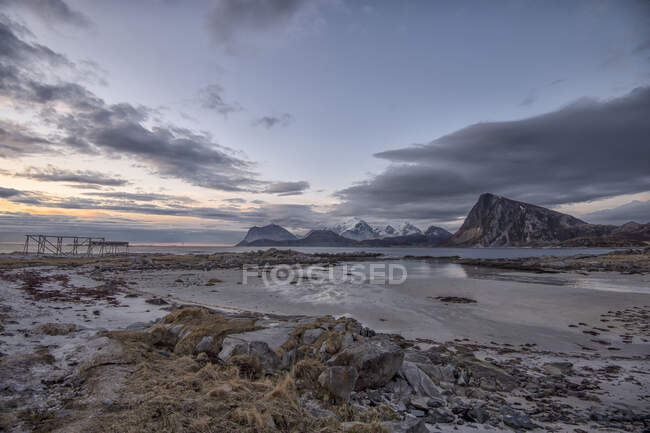 Prateleiras de secagem de peixe na praia, Sandnes, Flakstad, Lofoten, Nordland, Noruega — Fotografia de Stock