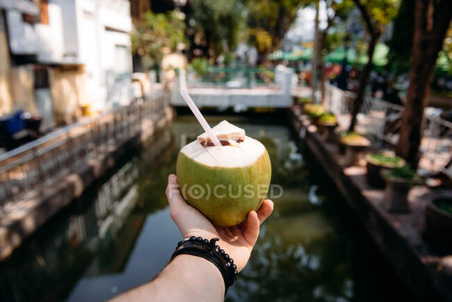 Mano dell'uomo che tiene una noce di cocco, Bangkok, Thailandia — Foto stock