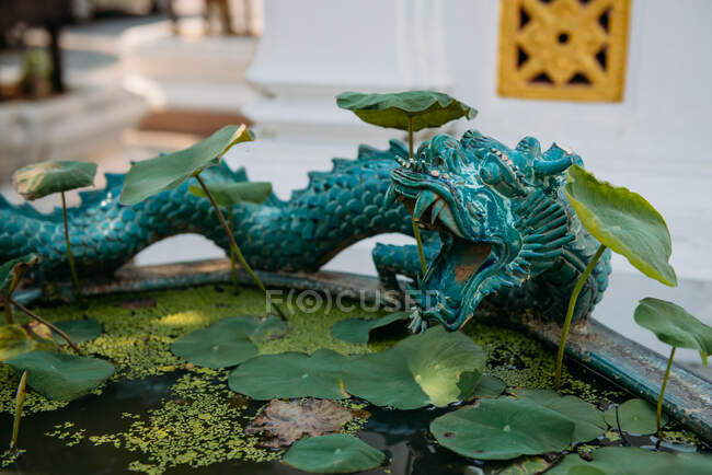 Primer plano de una escultura de dragón junto a un estanque, Bangkok, Tailandia - foto de stock