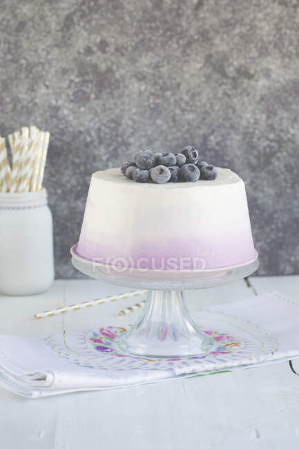 Gâteau d'ange sur un stand de gâteau à la crème et aux bleuets — Photo de stock