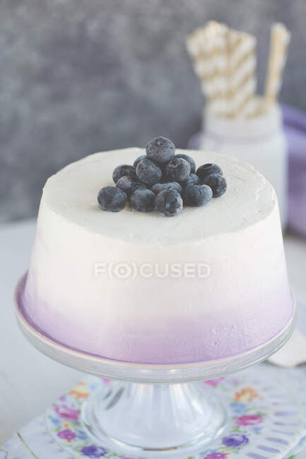Angel cake on a cake stand with cream and blueberries — Stock Photo