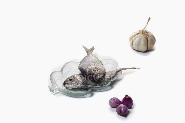 Two fish on a pate with garlic and shallots — Stock Photo