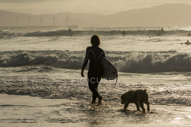 Silhouette di una surfista che cammina nel surf con il suo cane, Bilbao, Spagna — Foto stock
