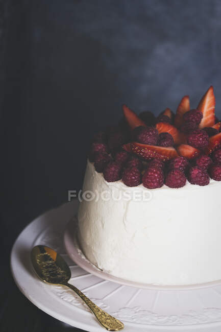 Himbeer-Erdbeer-Sahnetorte auf Kuchenständer, Nahsicht — Stockfoto