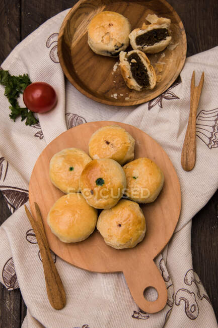 Chocolate filled Bakpia pastries on a table — Stock Photo